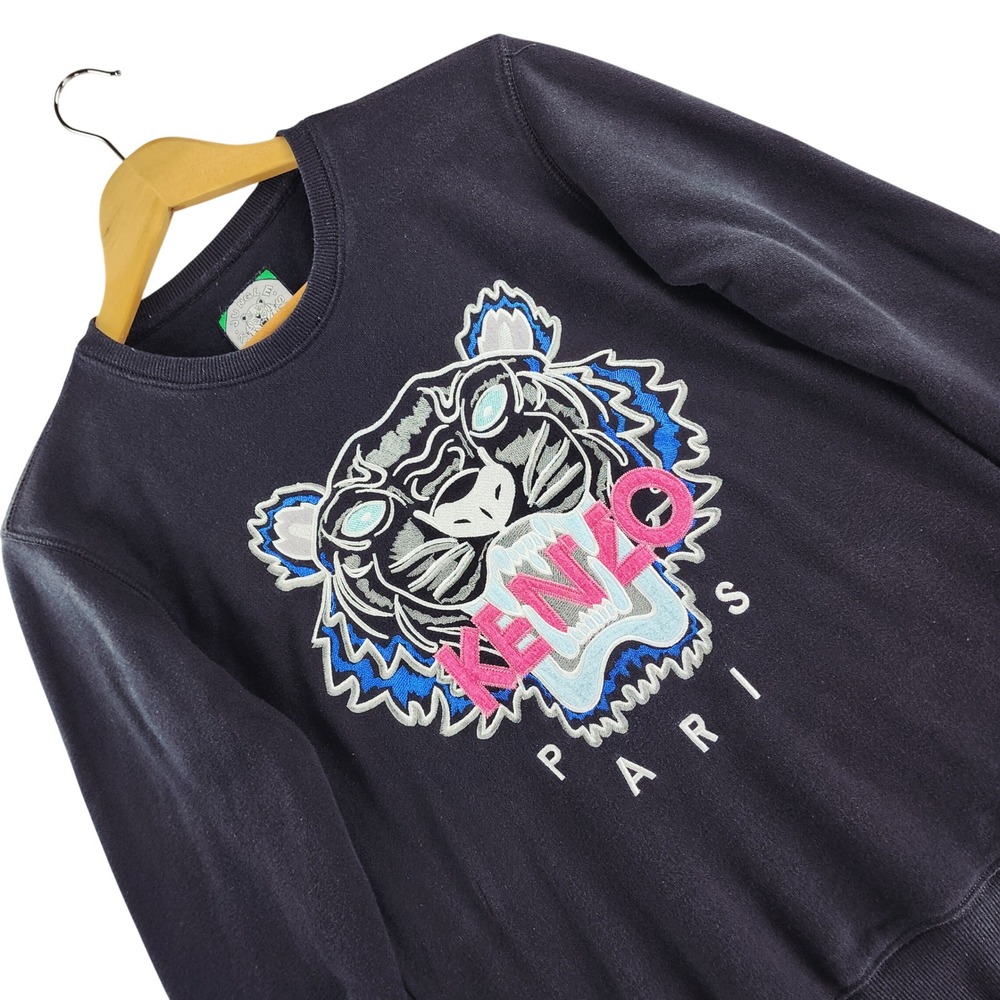 Kenzo Sweatshirt Womens S Black Embroidered Tiger Logo Cotton Crewneck